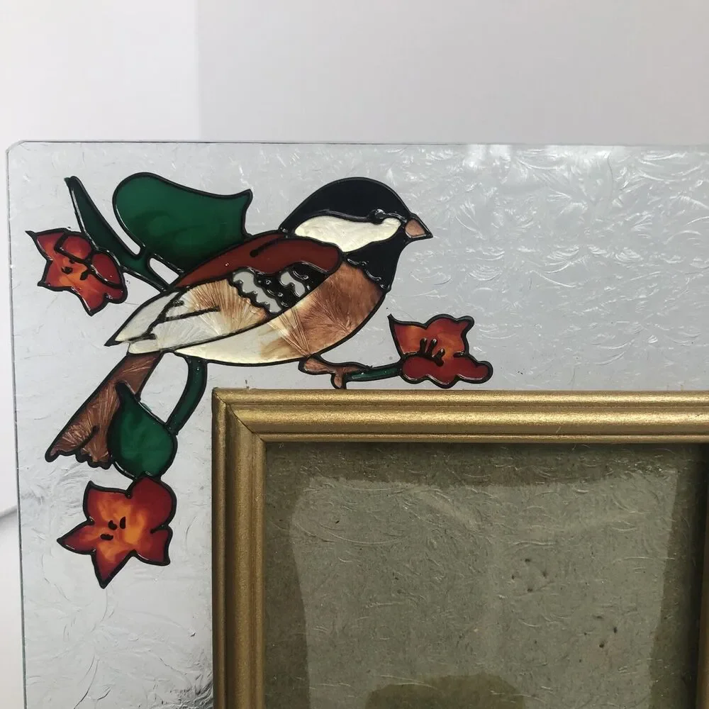 Hand painted Joan Baker Designs glass bird birdhouse picture frame‎